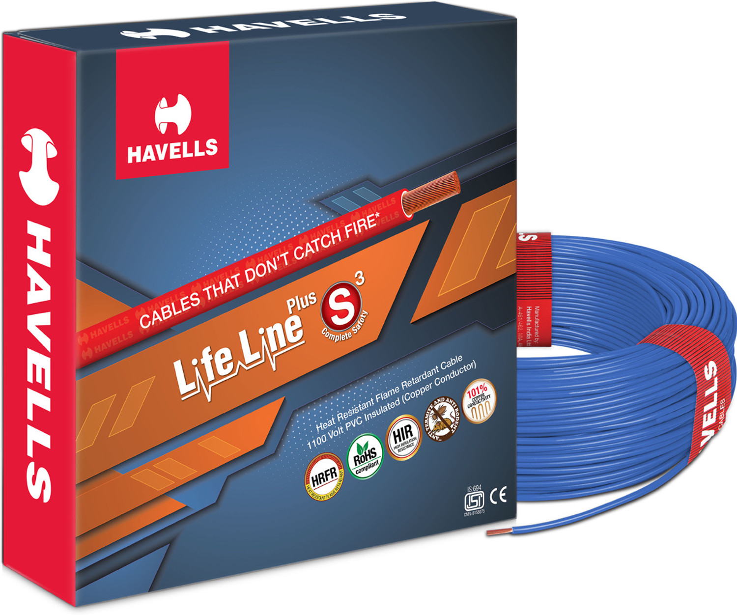 Image of HAVELLS LIFE LINE PLUS S3 2.5 sq /mm Red 90 m Wire (red)