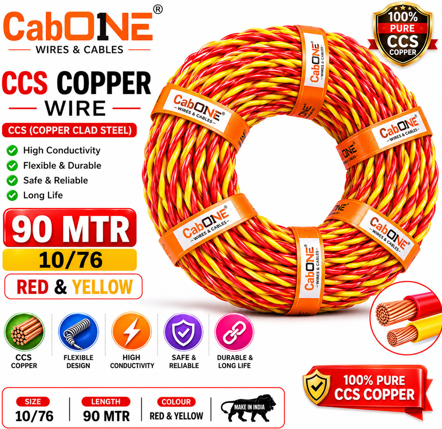 CabONE 10/76 PVC Flexible Twisted Copper Wire 2 Core Electric electrical Cable|90...