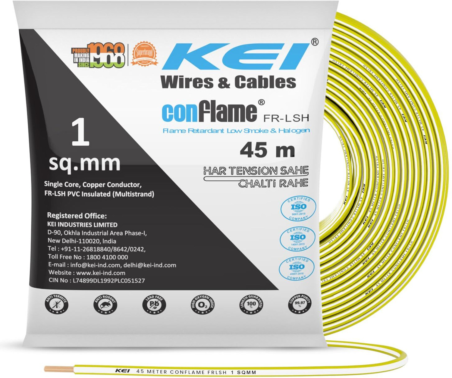 KEI Conflame 99.97% Copper 1 Sq/mm Yellow 45m Wire - Image 1