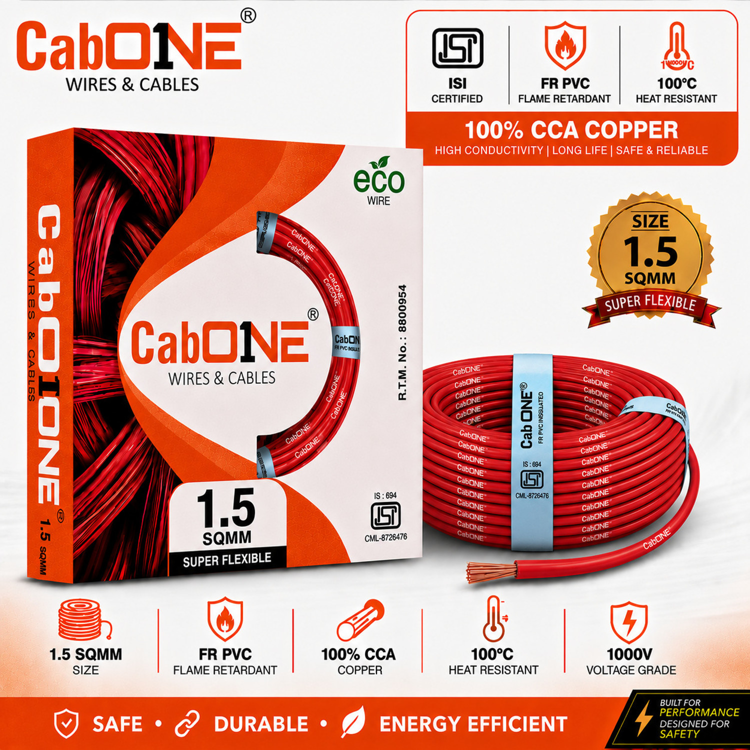 CabONE Lite 1.5 Sqmm CCA Copper Wire | 90m | Single Core | FR PVC Insulated |...