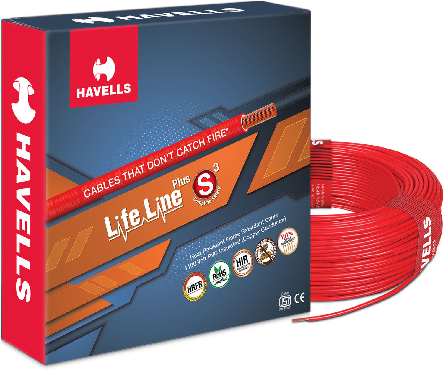 Image of HAVELLS LIFE LINE PLUS S3 2.5 sq /mm Red 90 m Wire (red)