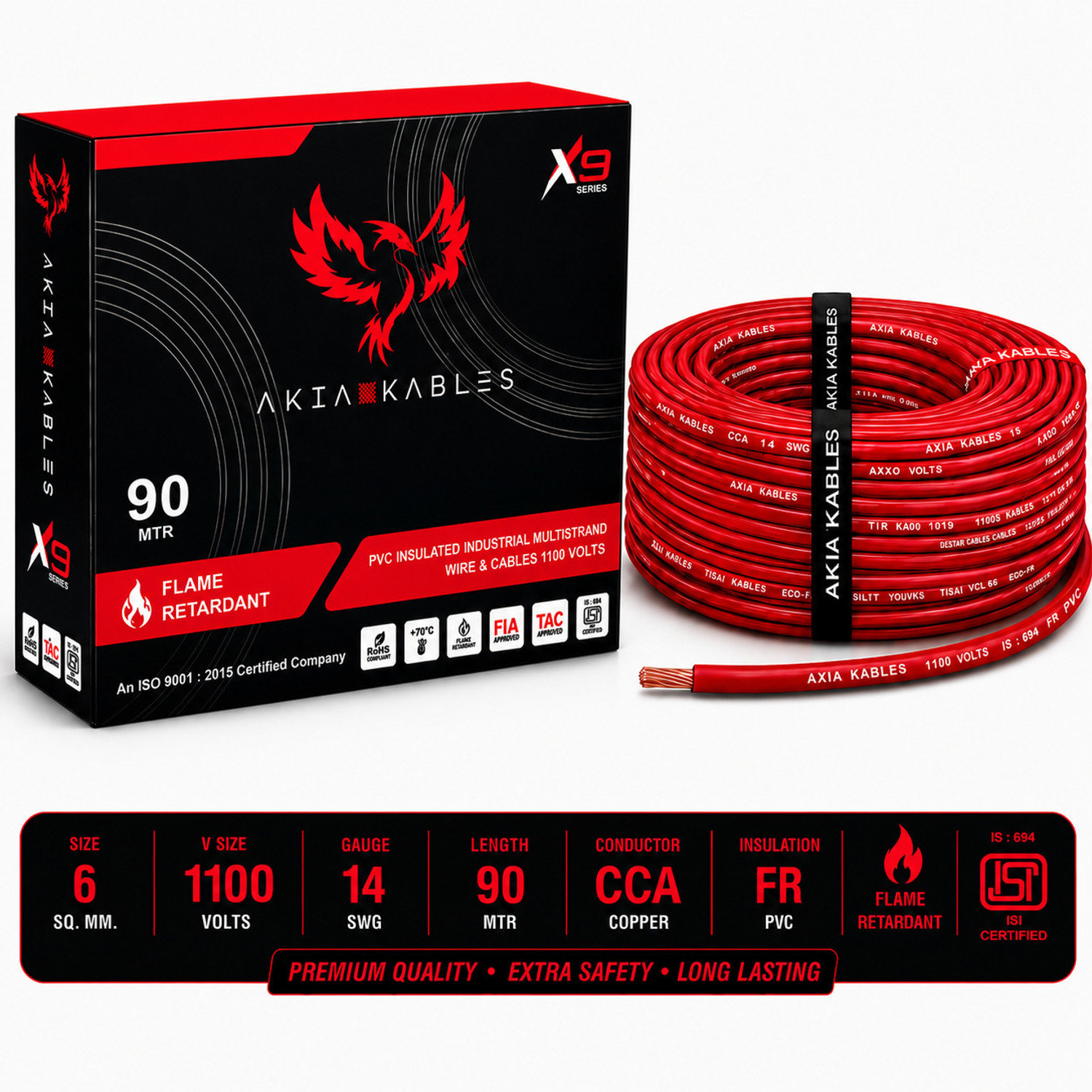 Image of AKIA KABLES 4 SQMM HYBRID PREMIUM COPPER Electrical WireFR PVC |90m|Single Core| 4 sq /mm Red 90 m Wire (Red)