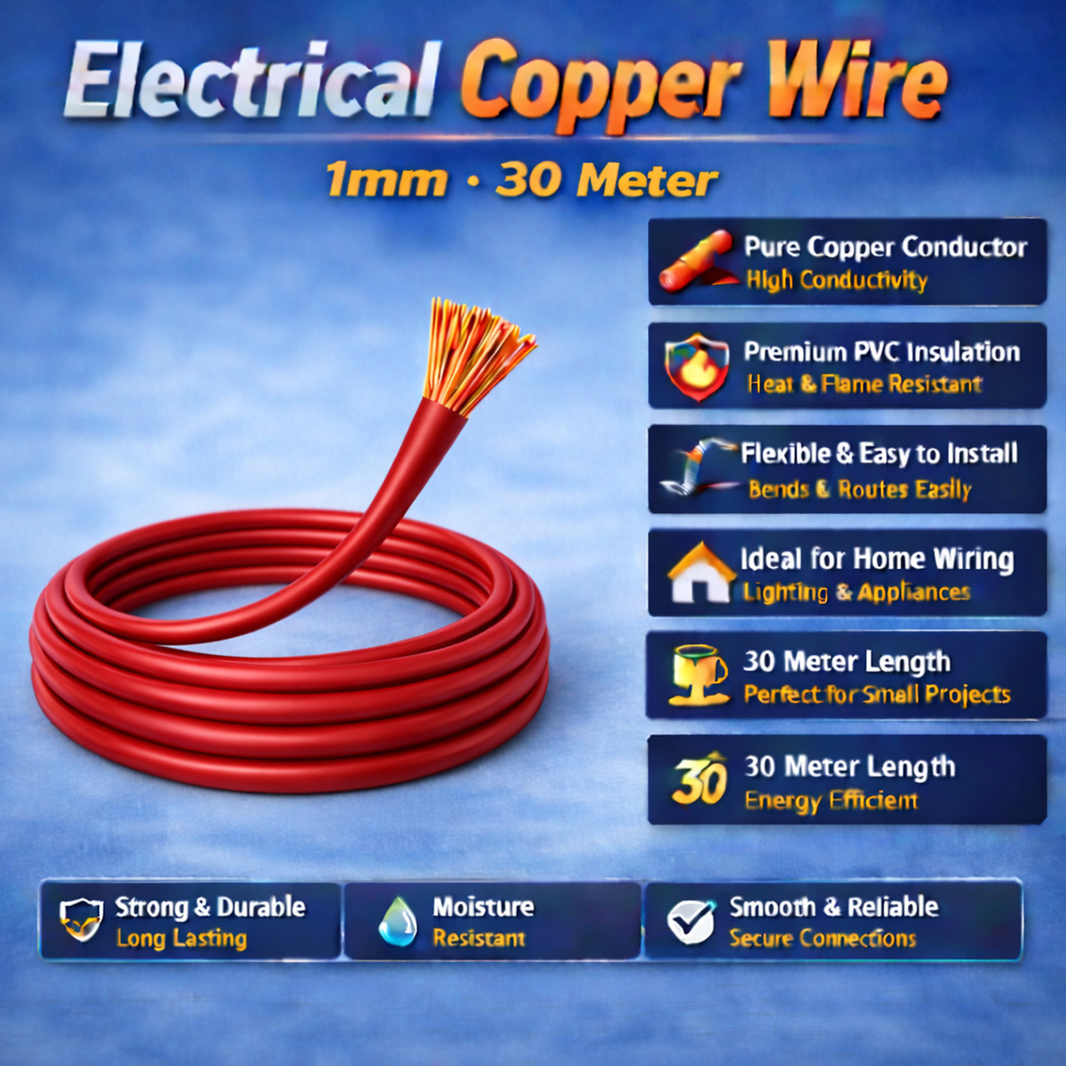 Image of GrahLogy 30 Mtr 1mm copper wire Unheated, PVC Insulated, Single Core Flexible, FR Enabled 1 sq /mm Red 30 m Wire (Red)