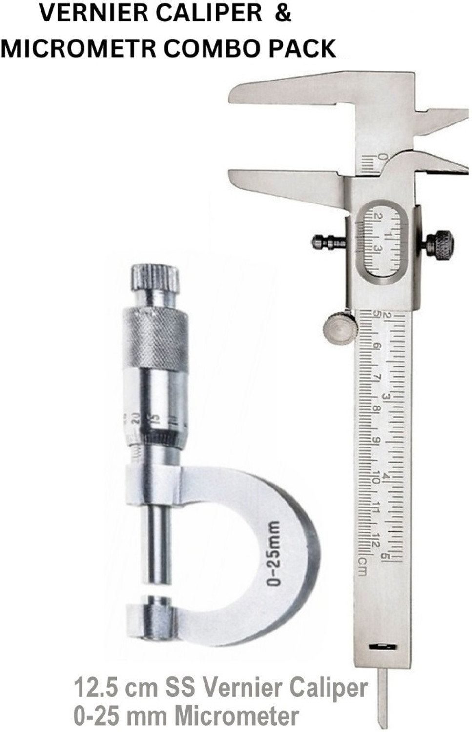 Image of BALRAMA 2pc Combo 125 mm Slide Wheel SS Vernier Caliper + 25 mm Micrometer Screw Gauge Mild Steel Chrome Plated Measurement for any Objects Inside, Outside and Depth Micrometer Caliper (0-125 mm)