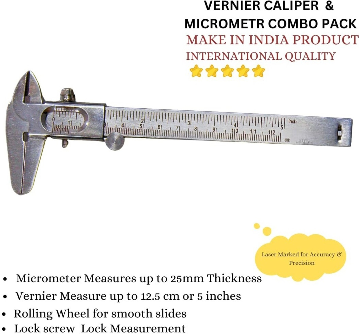 Image of BALRAMA 2pc Combo 125 mm Slide Wheel SS Vernier Caliper + 25 mm Micrometer Screw Gauge Mild Steel Chrome Plated Measurement for any Objects Inside, Outside and Depth Micrometer Caliper (0-125 mm)
