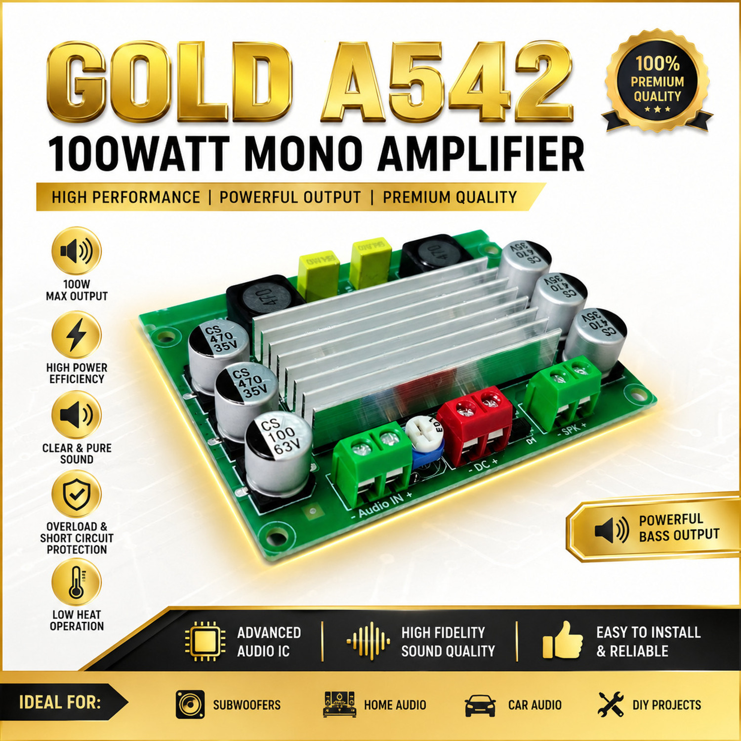 टीपीए TPA3116 Gold-A542 12-26V 100W MONO Channel Amplifier Board NEW साउंड रिकॉर्डर और साउंड सर्किट इलेक्ट्रॉनिक हॉबी किट