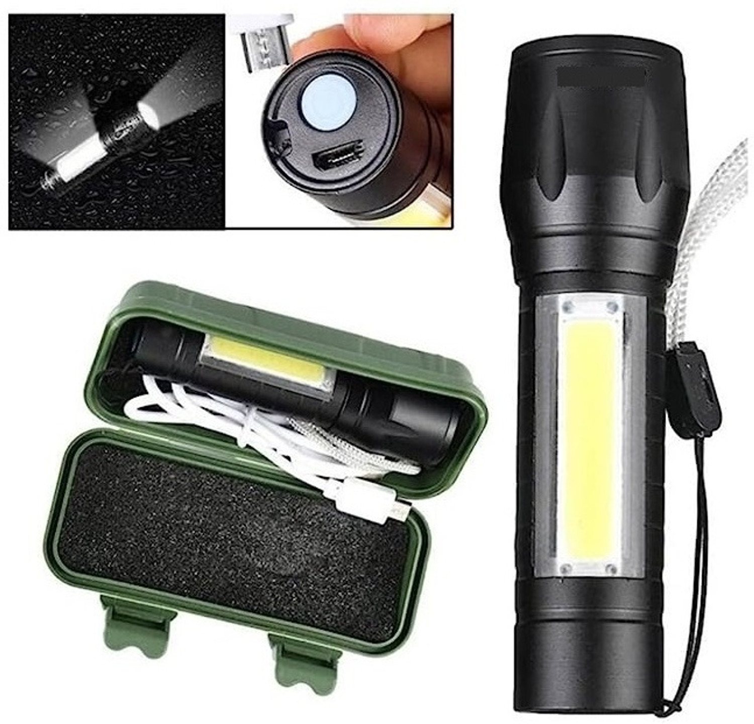 Image of Trendy styler Standard Aluminum COB Tactical Waterproof LED USB Rechargeable 4 hrs Torch Emergency Light (Black)