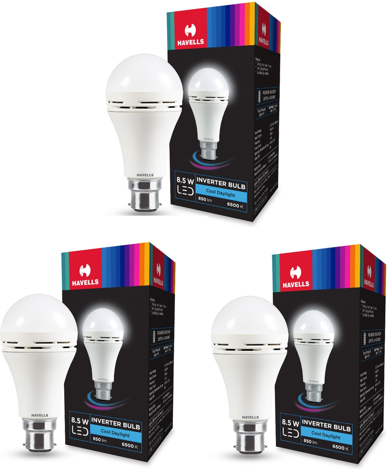 HAVELLS 8.5W B22 White Emergency LED Bulb, Pack of 3 - Image 1