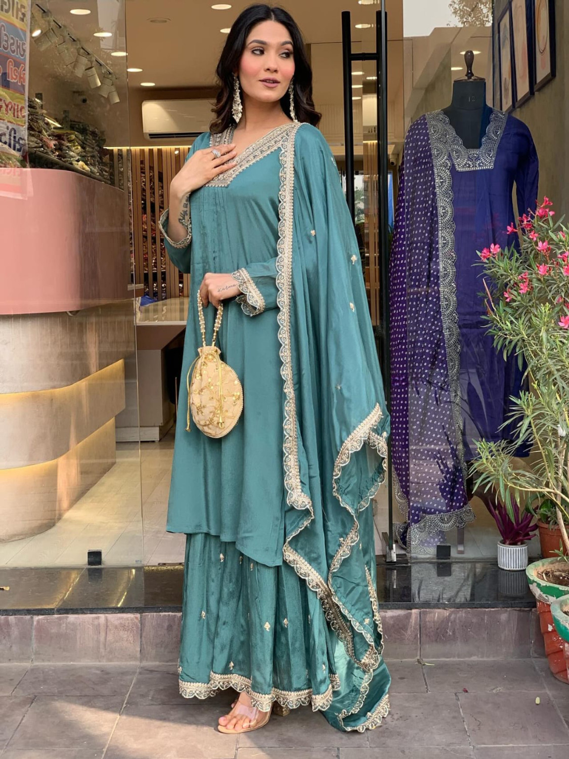 Image of HERE&NOW Women Georgette Kurta Palazzo Dupatta Set