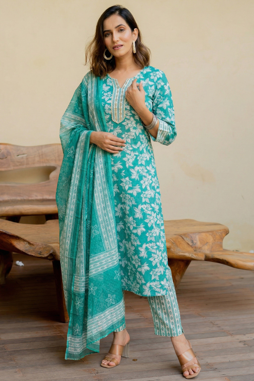 Image of MIRCHI FASHION Women Pure Cotton Kurta Pant Dupatta Set