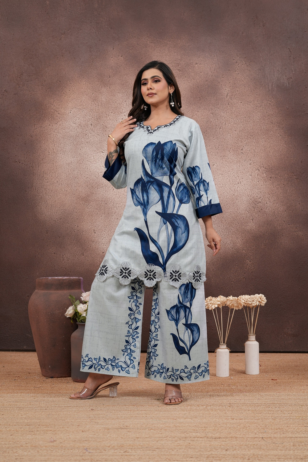 Image of Tasrika Women Muslin Kurta Palazzo Dupatta Set
