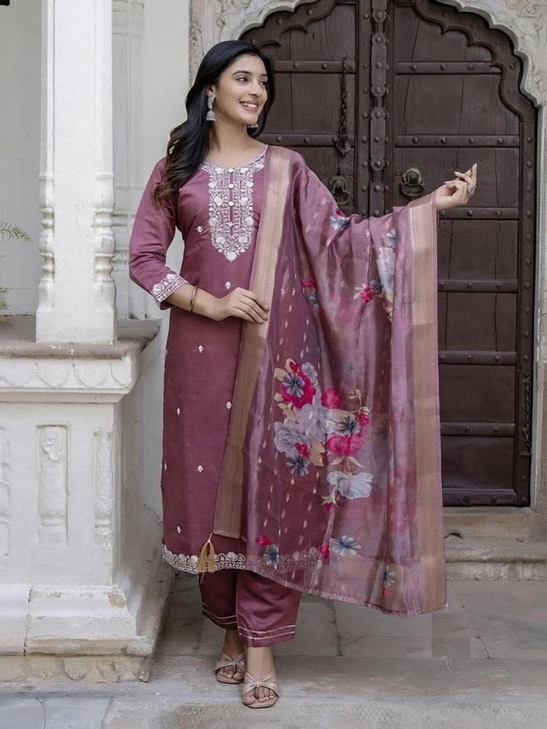 Image of NARI DREAM Women Tussar Silk Kurta Pant Attached Dupatta Set