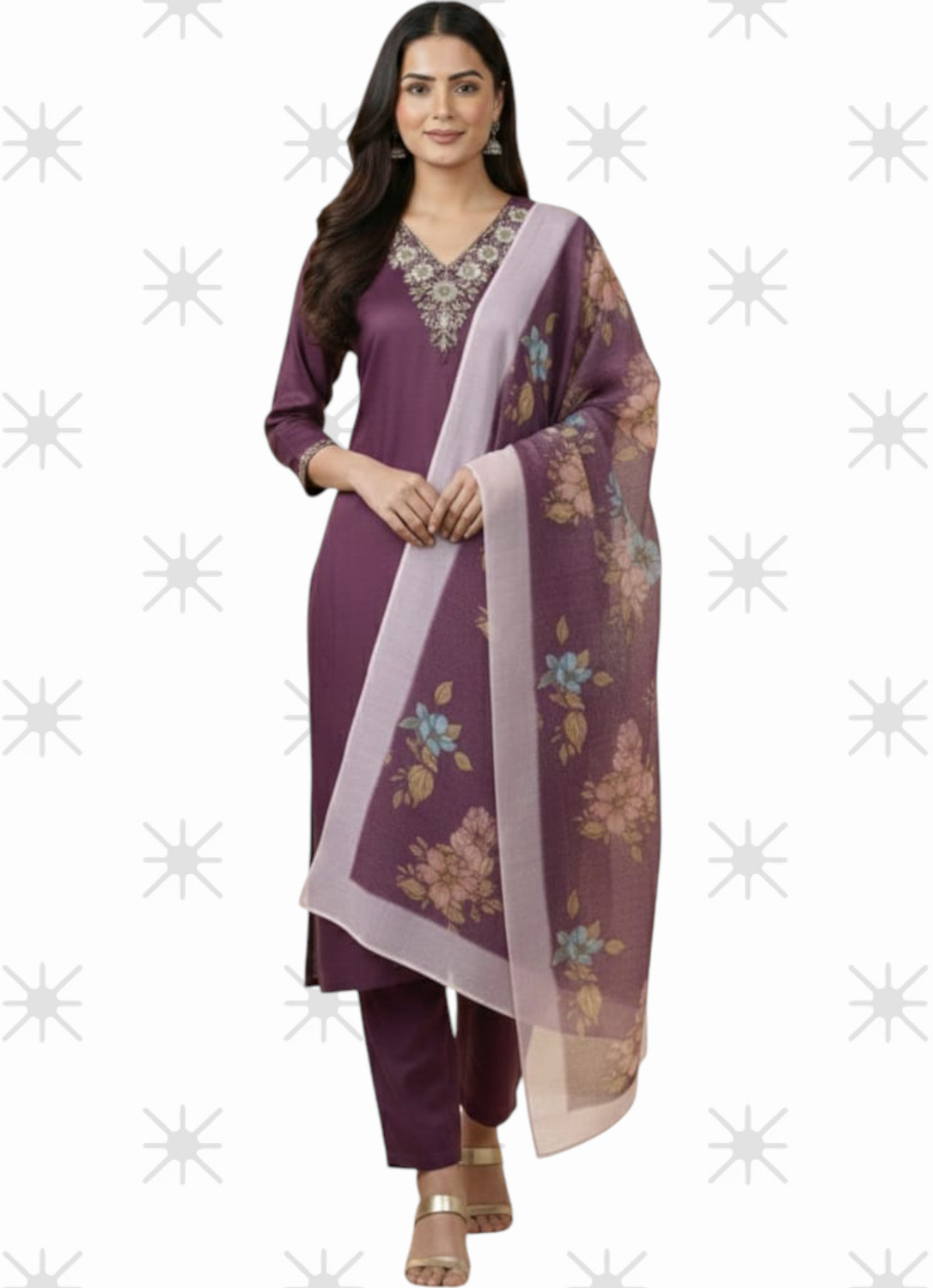 Image of CHECHI Embroidered Kurta, Palazzo & Dupatta Set