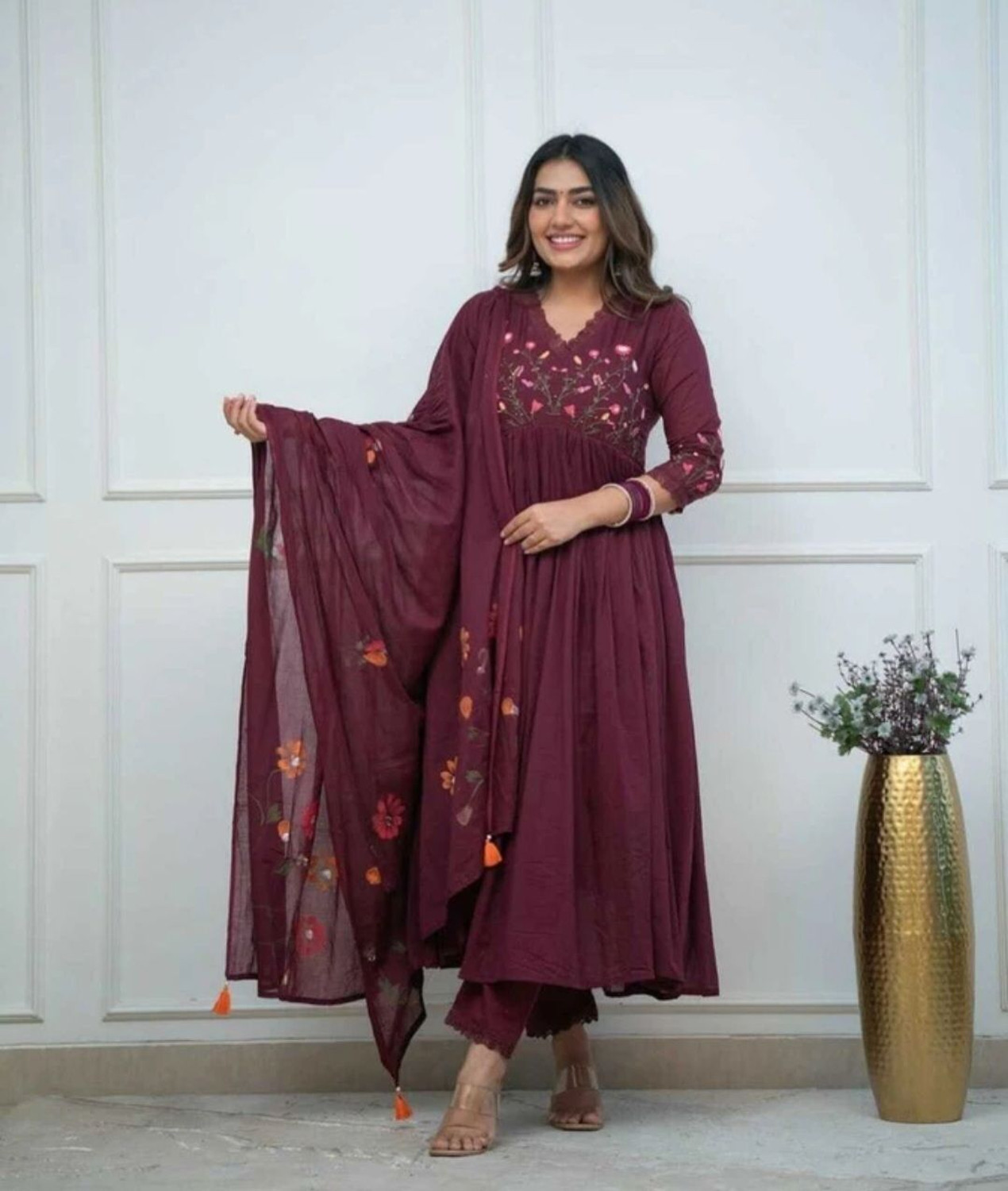 Image of CHECHI Embroidered Kurta, Palazzo & Dupatta Set