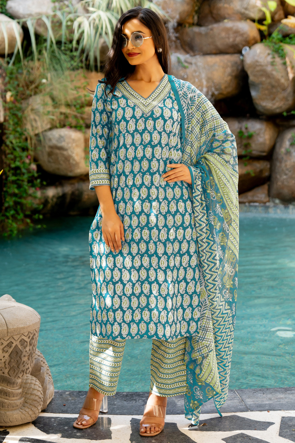 Image of MIRCHI FASHION Women Pure Cotton Kurta Pant Dupatta Set
