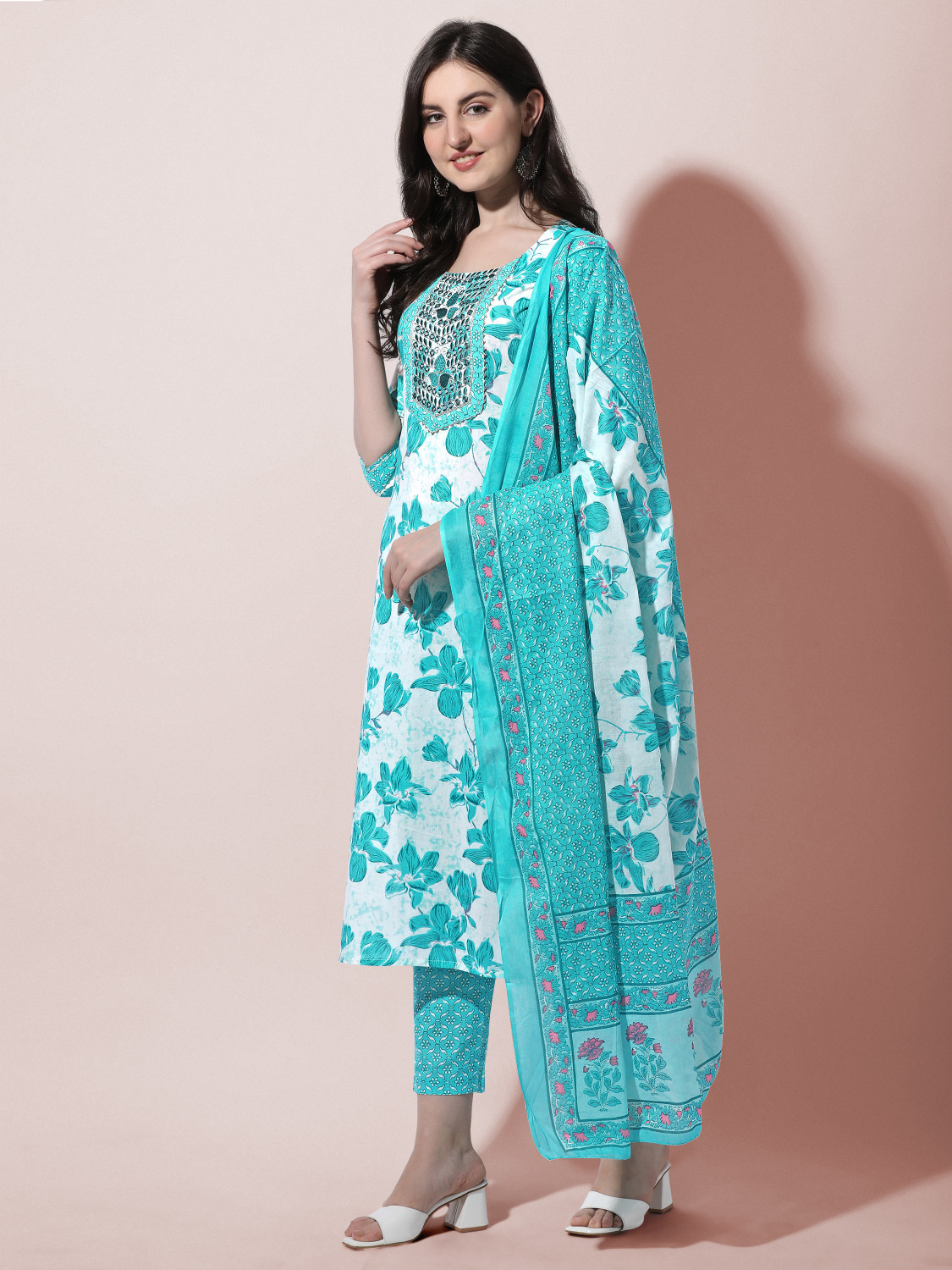 Image of MIRCHI FASHION Women Pure Cotton Kurta Pant Dupatta Set