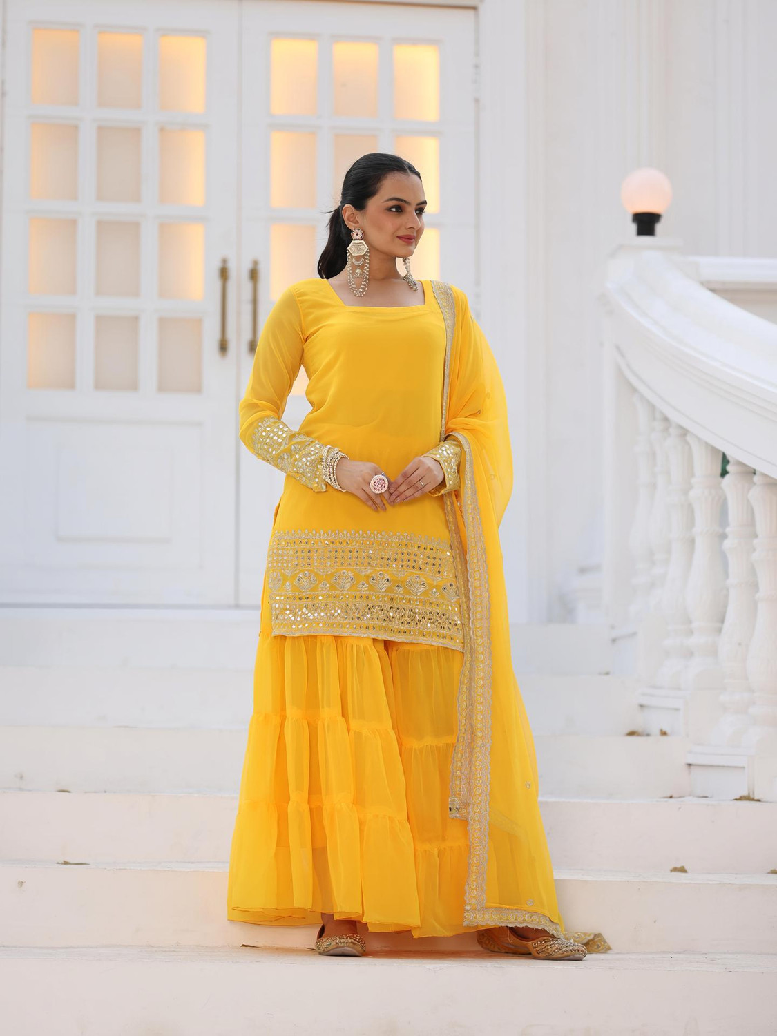 Image of SHISHKALA Women Silk Blend Kurta Sharara Dupatta Set