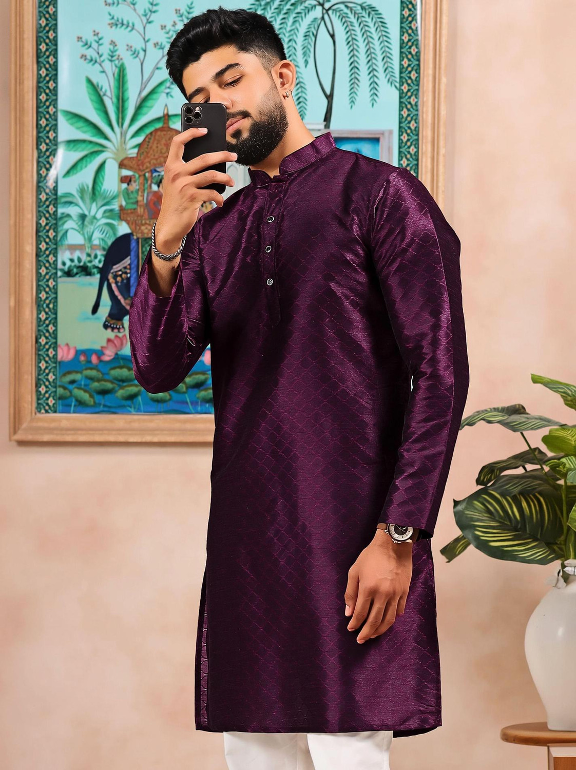 Image of OS Jeans Men Cotton Blend Kurta Dhoti Pant Set