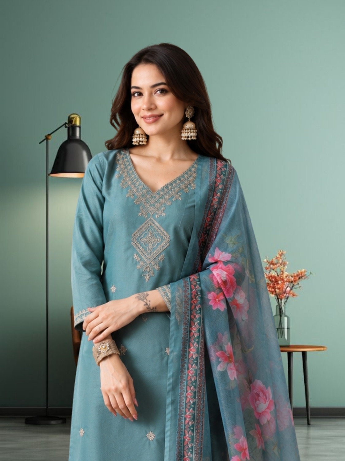 aurbhi Women Cotton Blend Kurti Pant Dupatta Set - Image 1