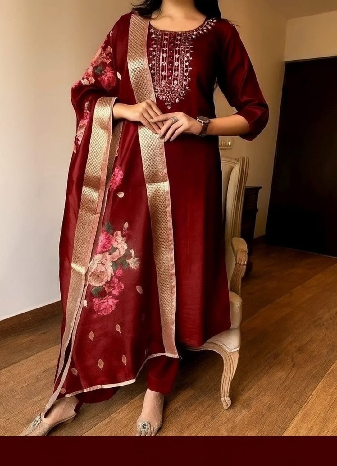 Image of NARI DREAM Women Tussar Silk Kurta Pant Attached Dupatta Set