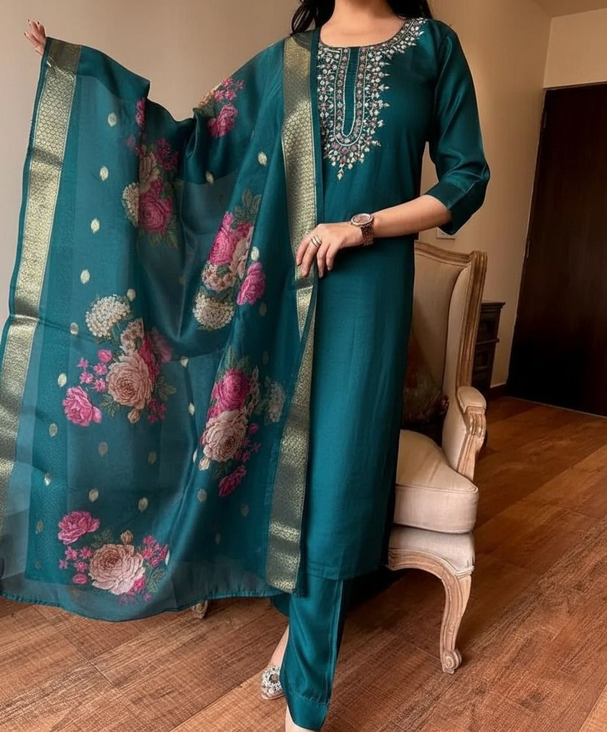 Image of NARI DREAM Women Tussar Silk Kurta Pant Attached Dupatta Set