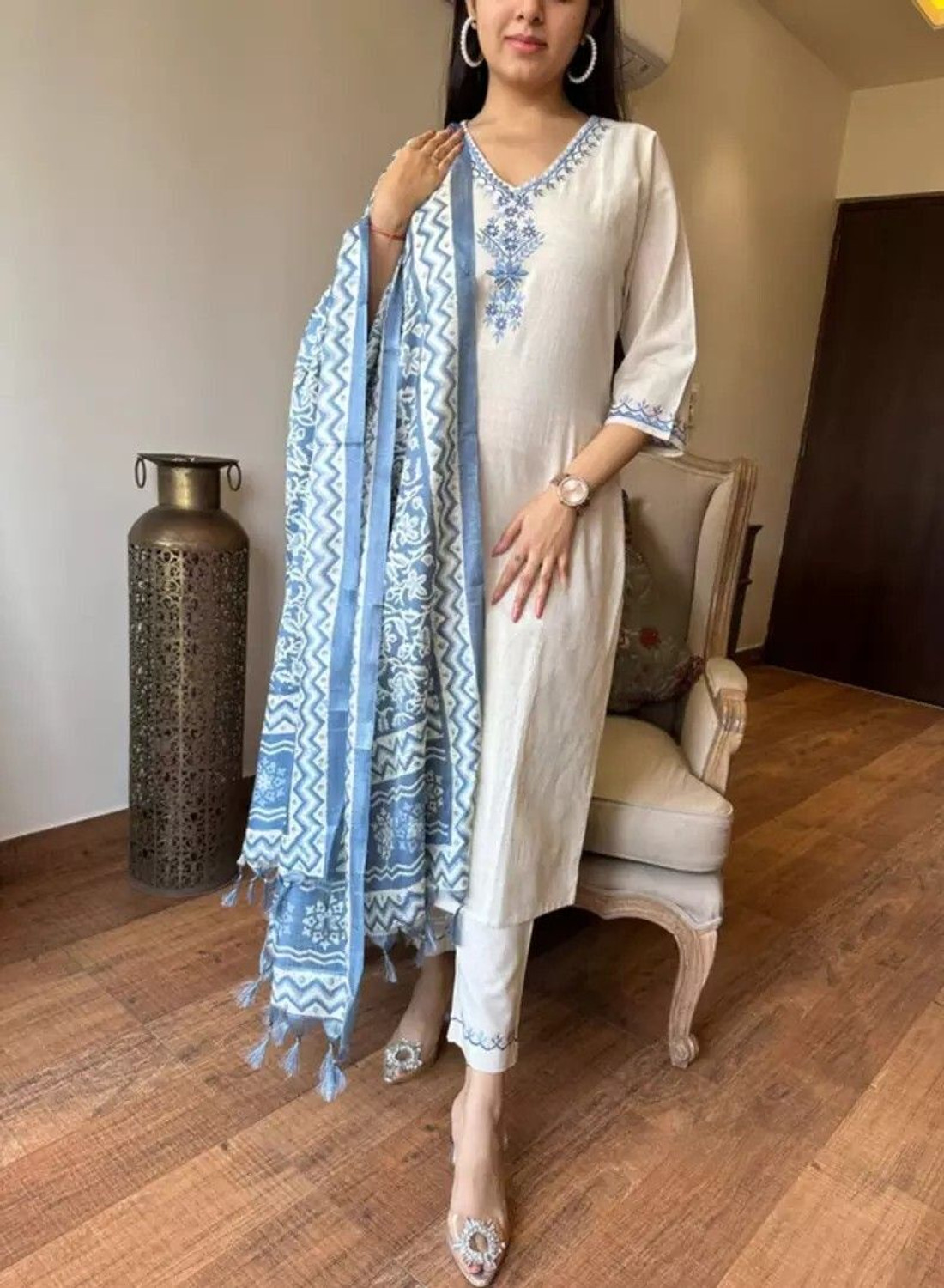 Image of FABZARI Women Pure Cotton Kurti Pant Dupatta Set