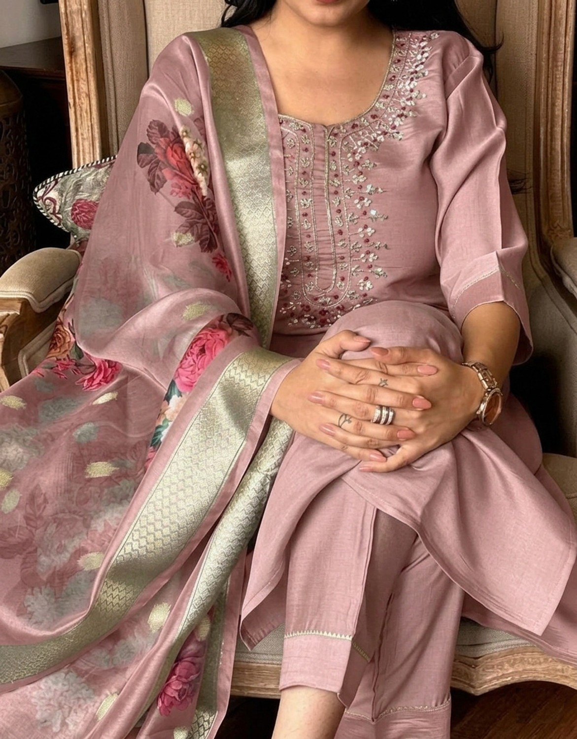 Image of NARI DREAM Women Tussar Silk Kurta Pant Attached Dupatta Set