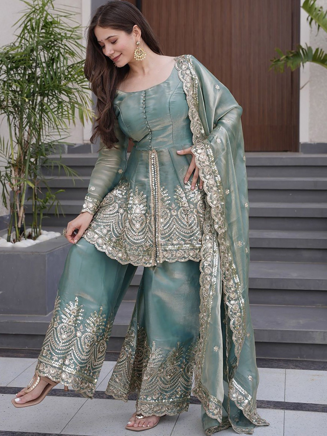 Image of KRISHNAHFAB Embroidered, Embellished Kurta, Trouser /Pant & Dupatta Set