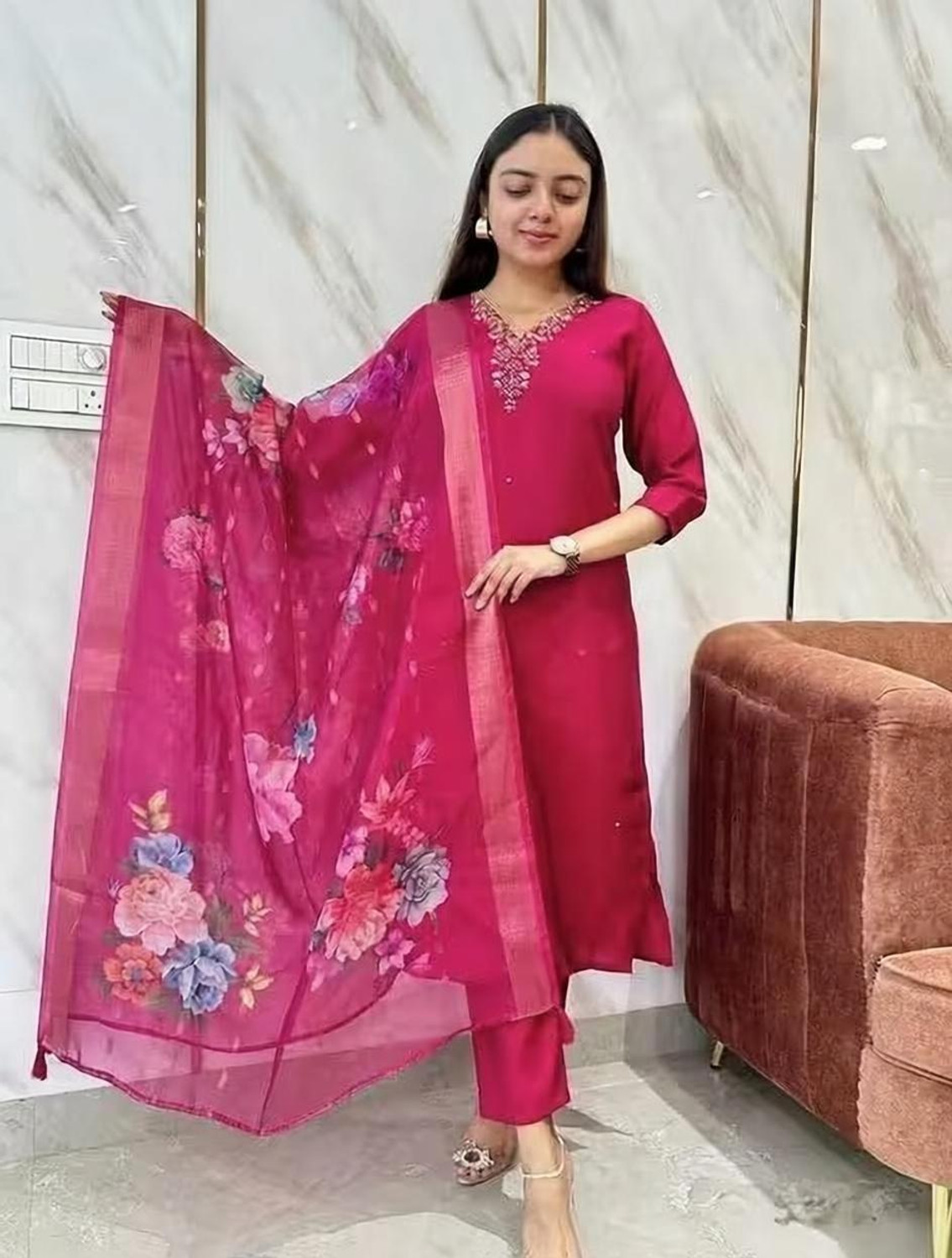 Image of Kachhot Women Cotton Rayon Kurti Pant Dupatta Set