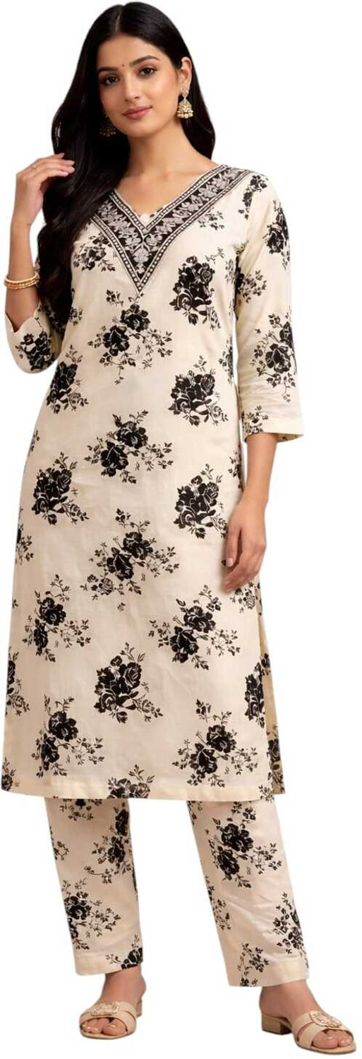 Image of GS Attire Women Cotton Blend Kurti Pant Set