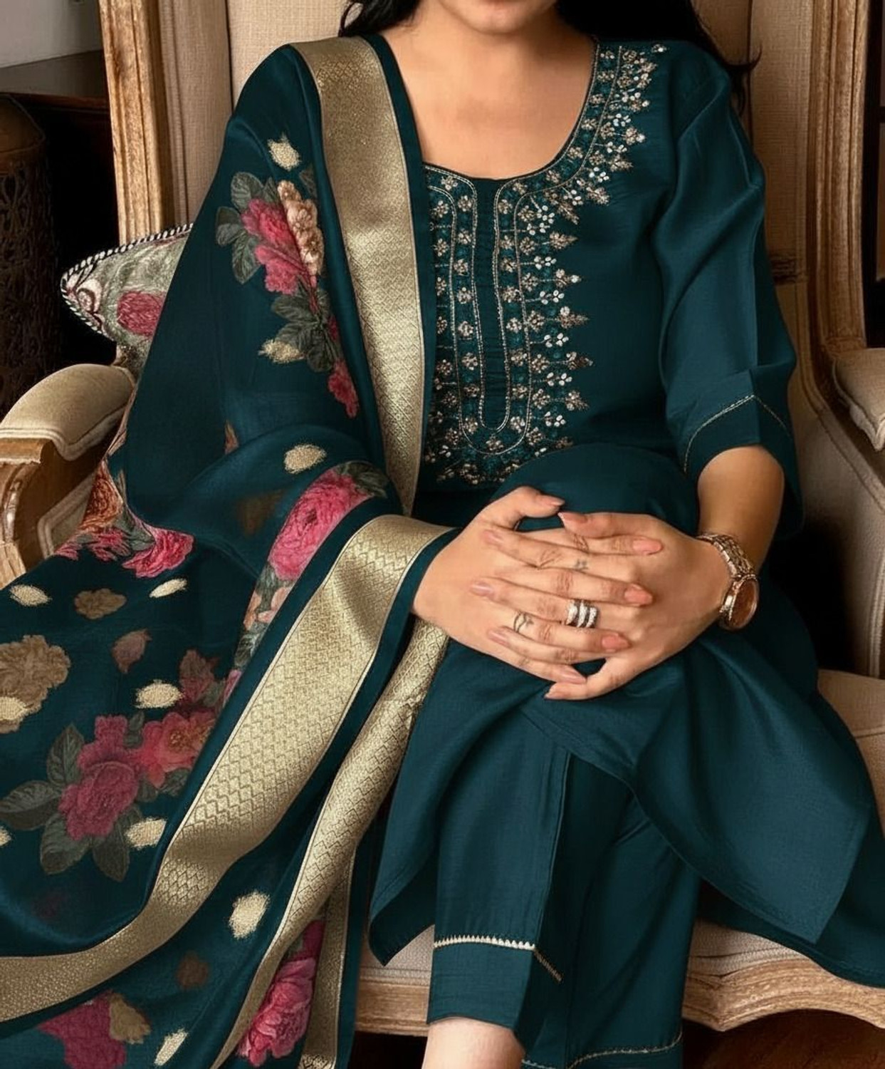 Image of NARI DREAM Women Tussar Silk Kurta Pant Attached Dupatta Set
