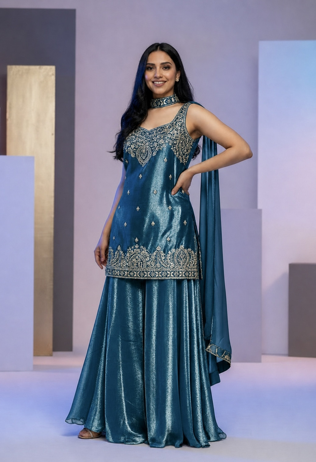 Image of Samragni Women Silk Blend Kurta Palazzo Dupatta Set