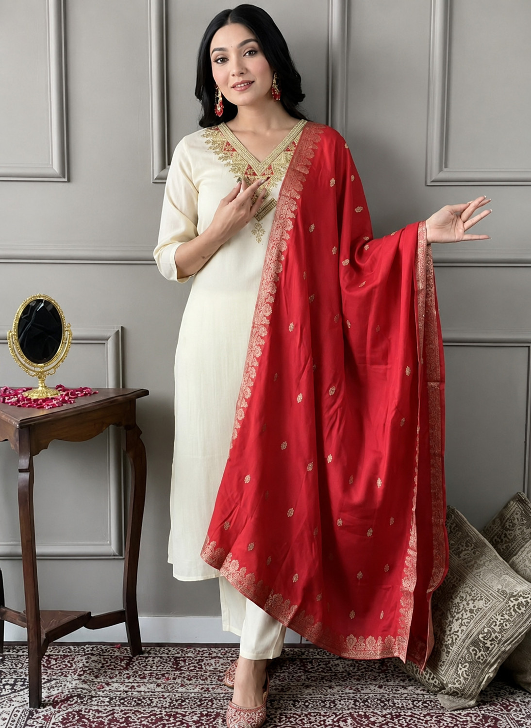 Image of Priniti Women Cotton Rayon Kurta Pant Dupatta Set