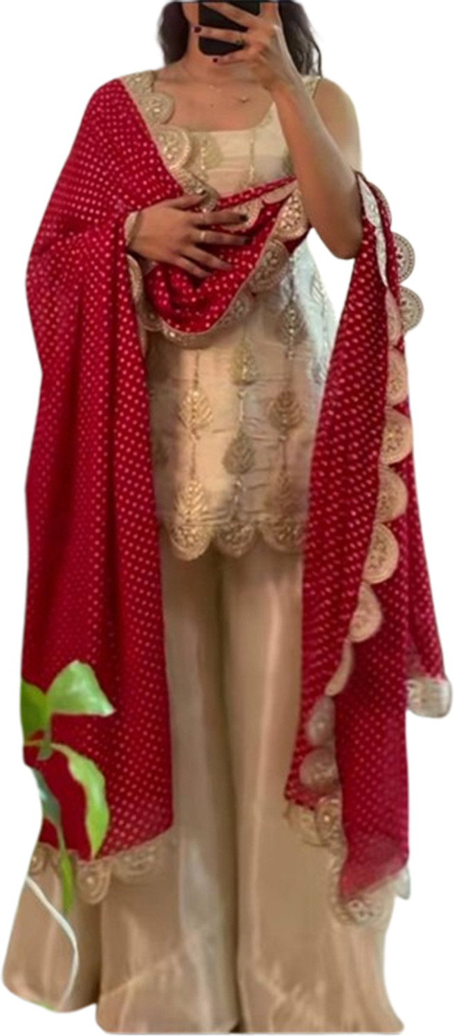 Image of KHODIYAR ENTERPRISE Women Georgette Ethnic Top Palazzo Dupatta Set