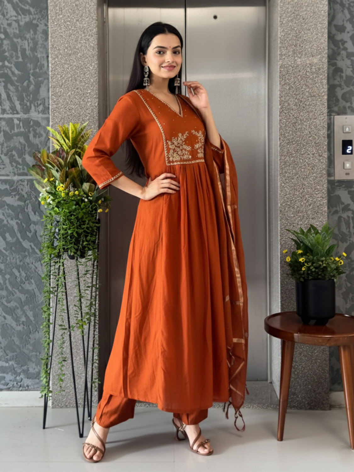 Image of Anni Designer Women Cotton Rayon Kurta Pant Dupatta Set