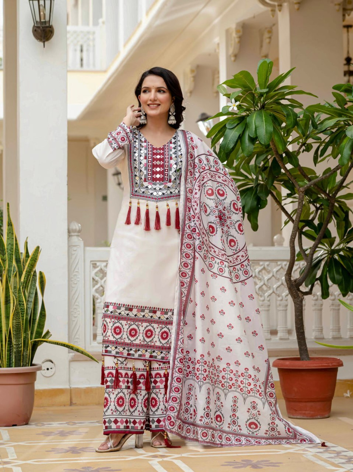 Image of Tasrika Women Muslin Kurta Palazzo Dupatta Set