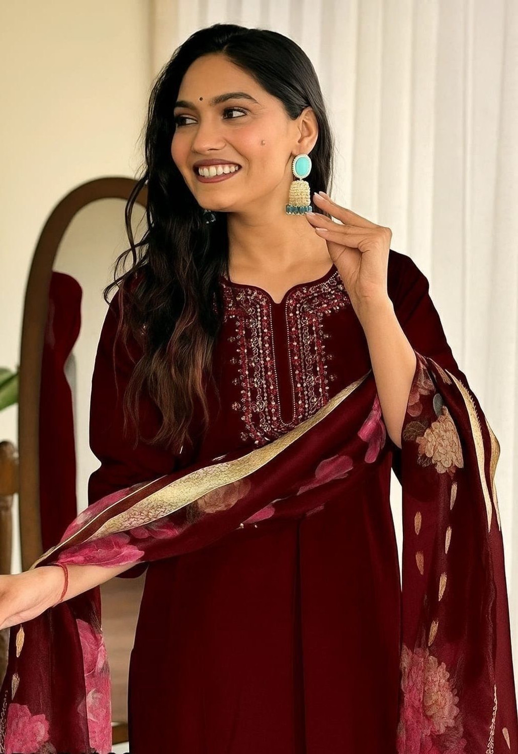Image of NARI DREAM Women Tussar Silk Kurta Pant Attached Dupatta Set