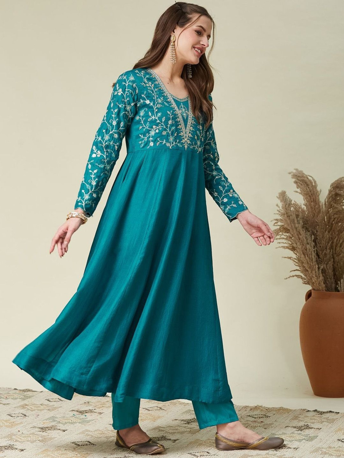 Image of HERE&NOW Women Georgette Kurta Palazzo Dupatta Set