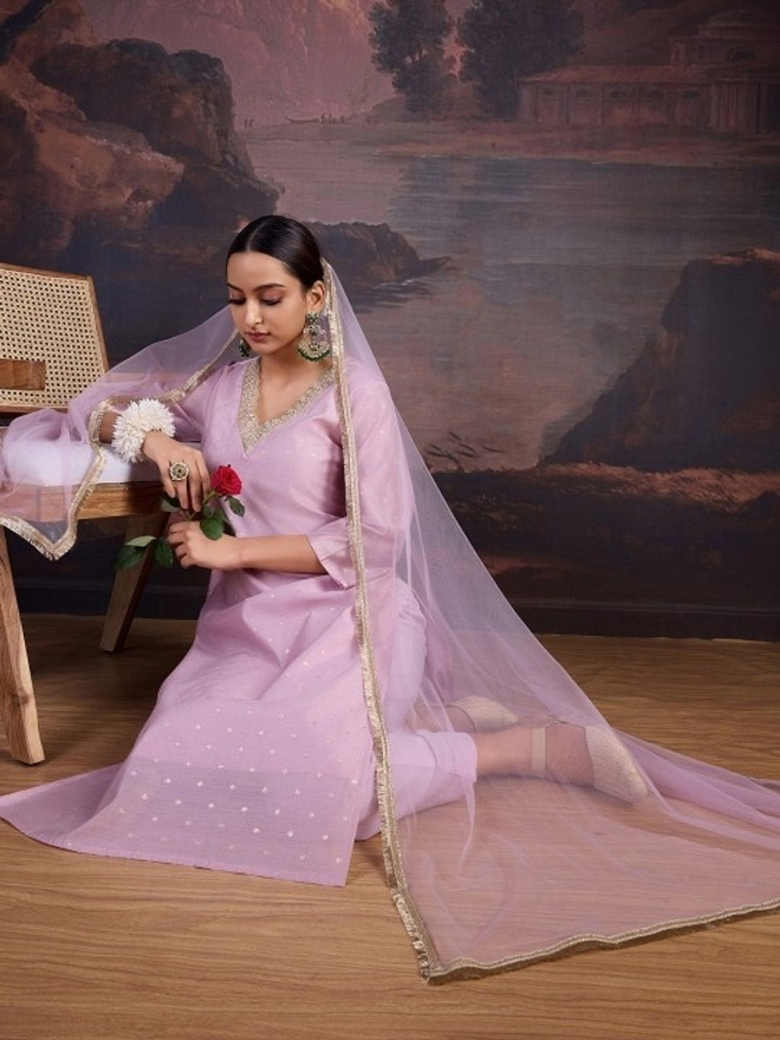 Image of Being Banarasi Women Chanderi, Cotton Silk Kurta Pant Dupatta Set