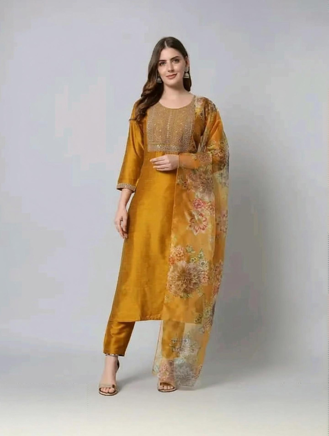 Image of Tasrika Women Chanderi Kurta Pant Dupatta Set