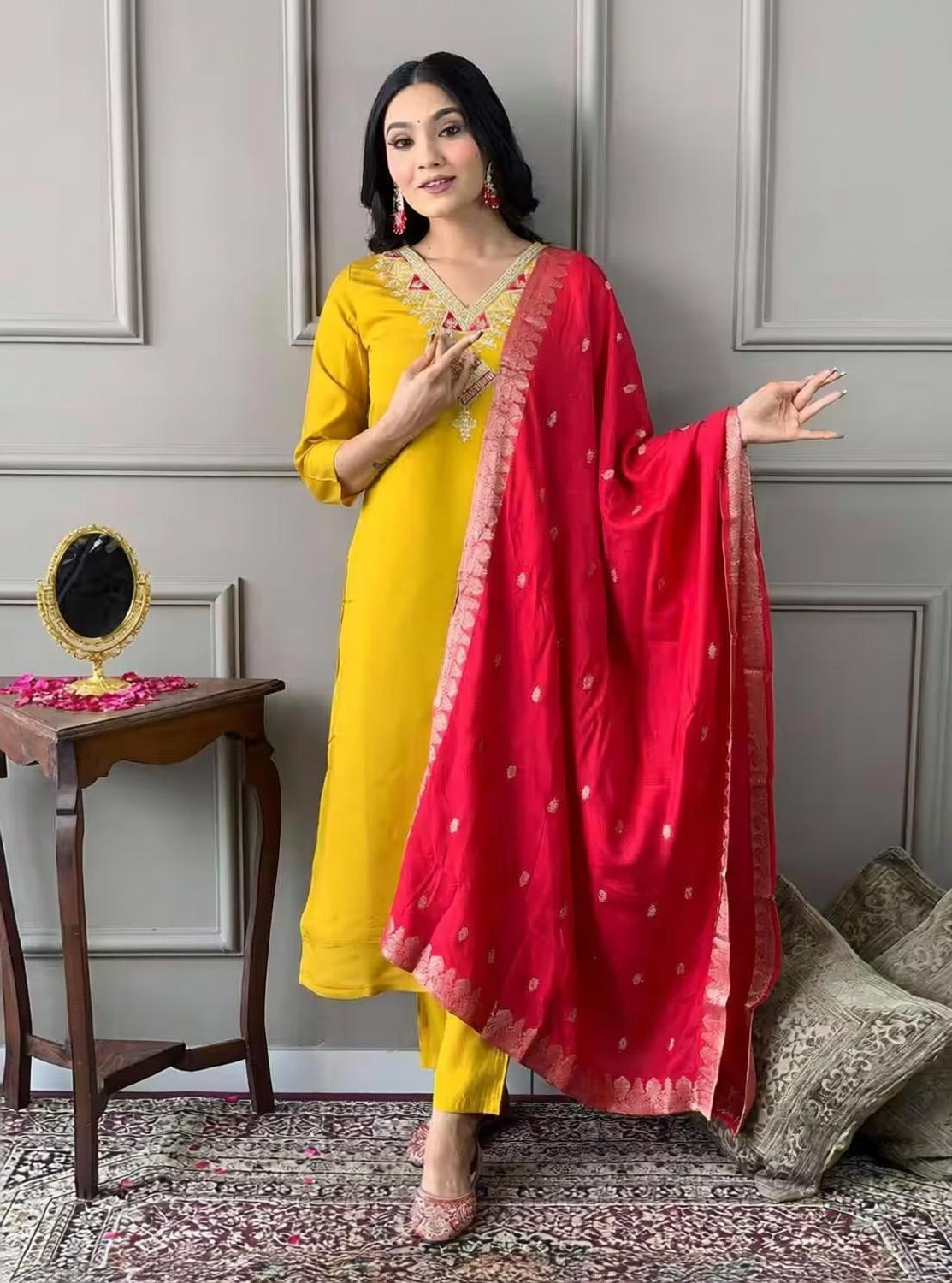 Image of SZN Embroidered Kurta, Trouser /Pant & Dupatta Set