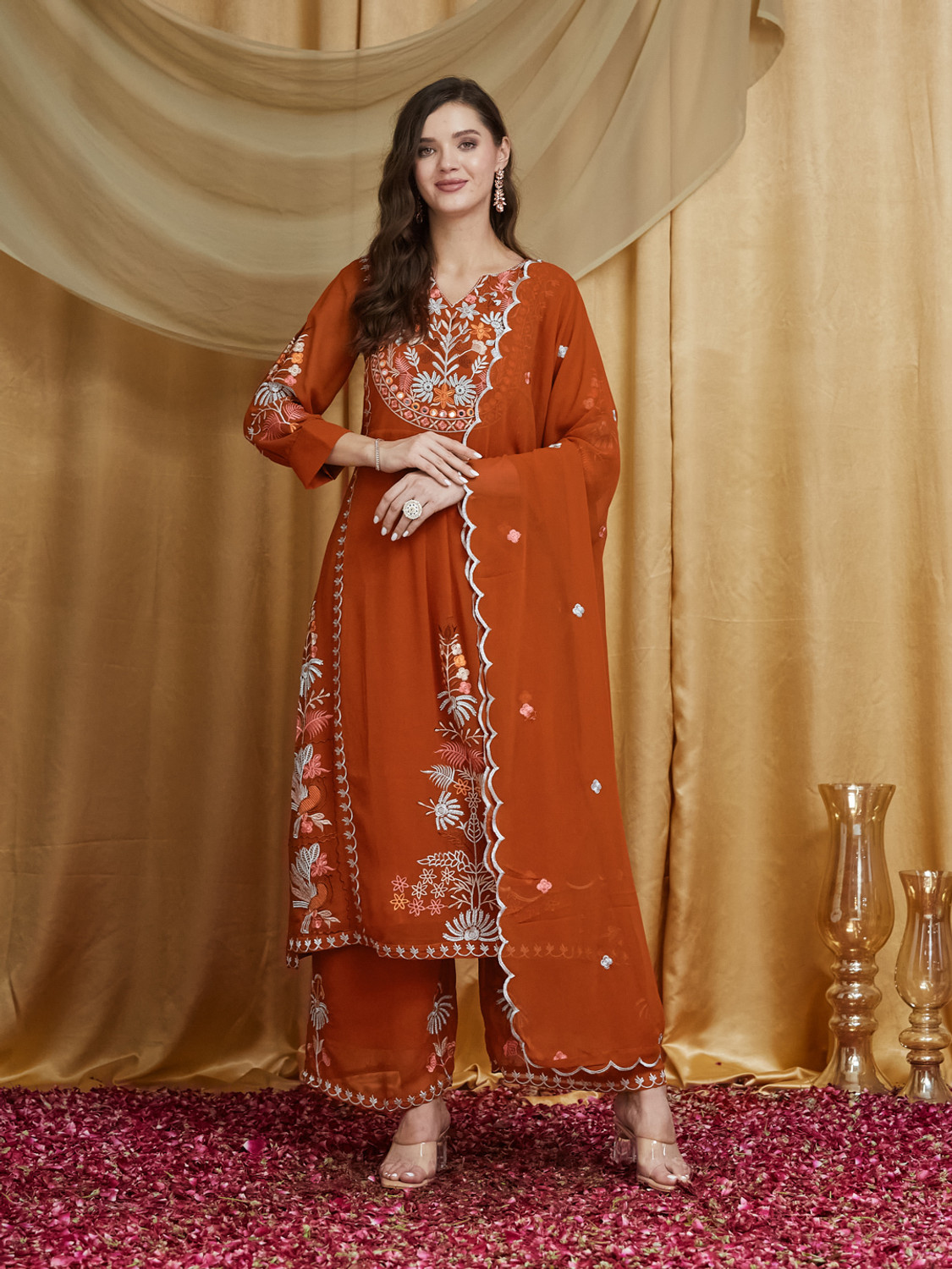Image of Tasrika Women Muslin Kurta Palazzo Dupatta Set