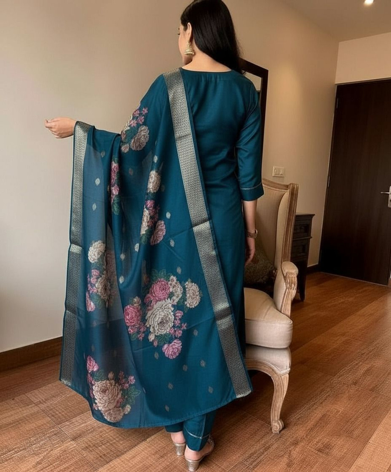 Image of NARI DREAM Women Tussar Silk Kurta Pant Attached Dupatta Set