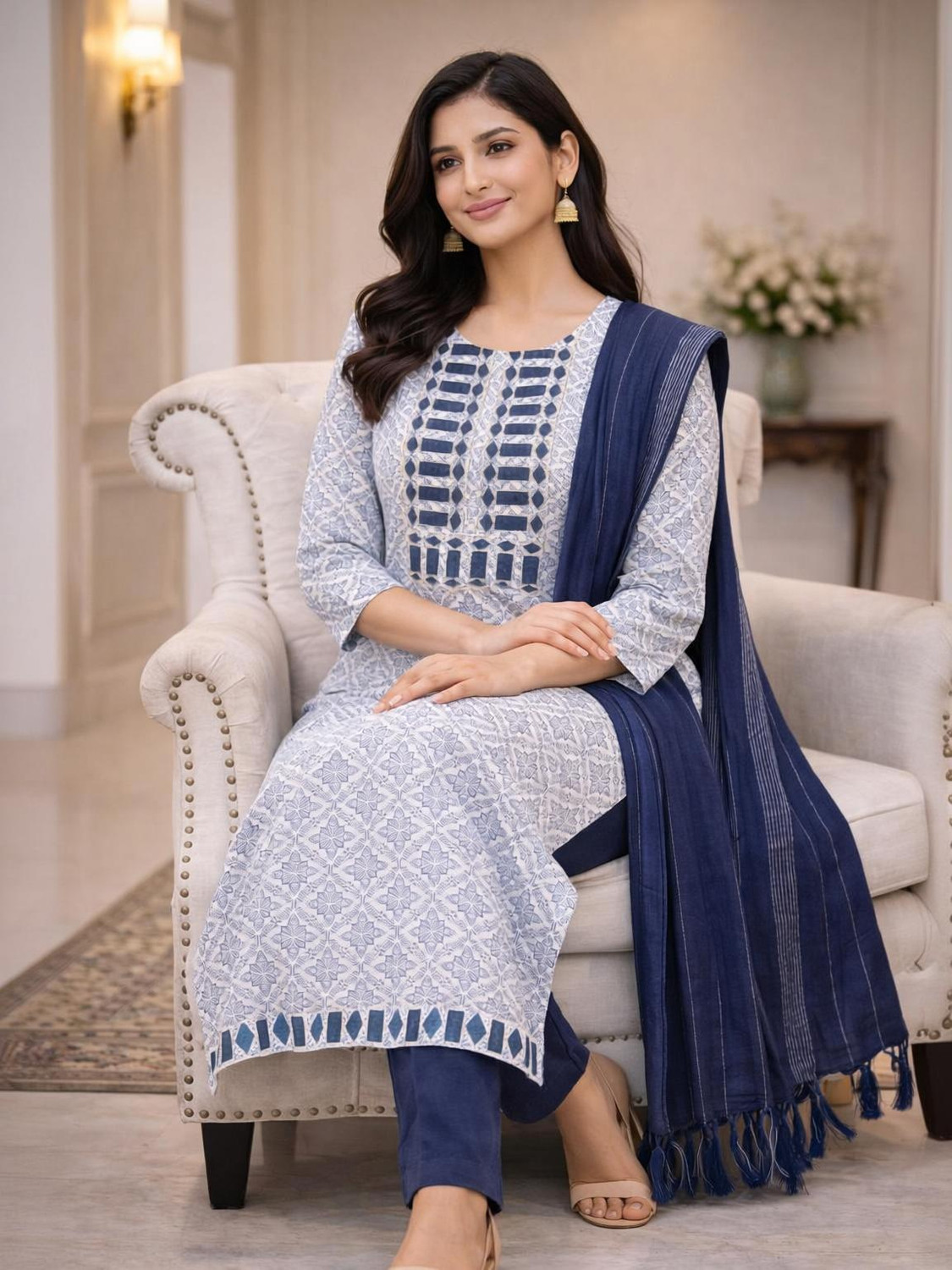 Image of NARI DREAM Women Tussar Silk Kurta Pant Attached Dupatta Set