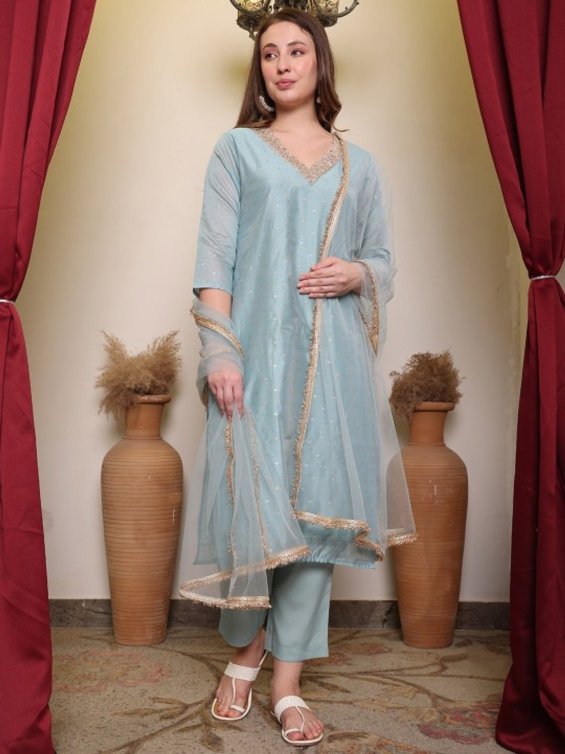 Image of Being Banarasi Women Chanderi, Cotton Silk Kurta Pant Dupatta Set