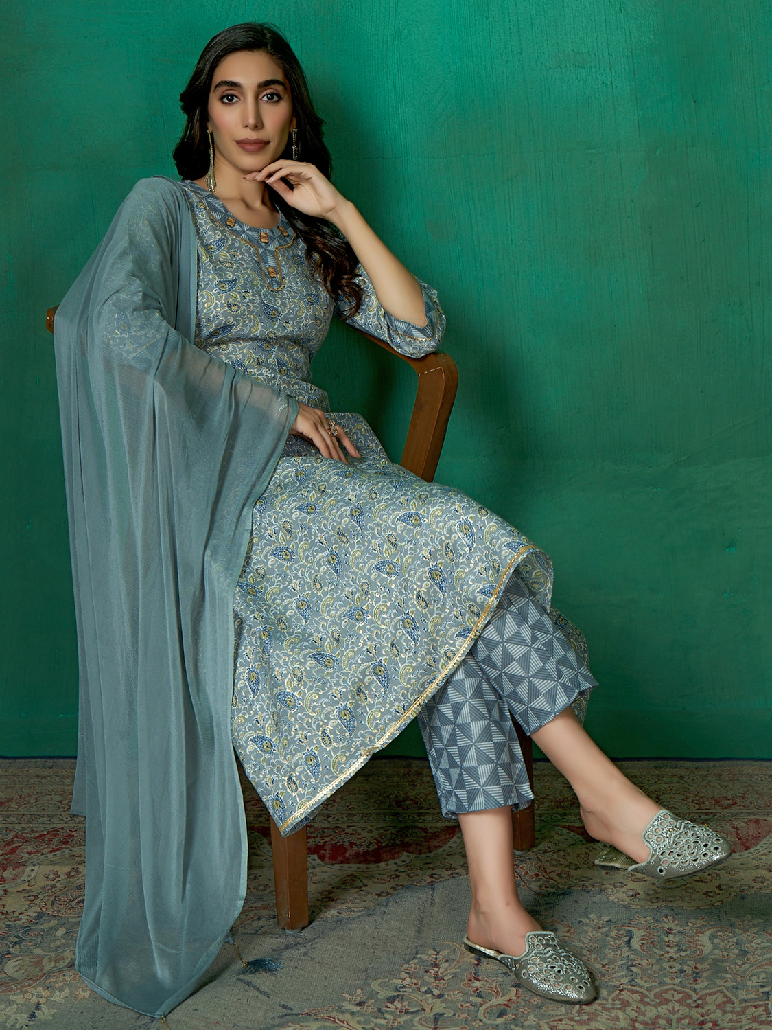 Image of Tasrika Women Pure Cotton Kurta Pant Dupatta Set