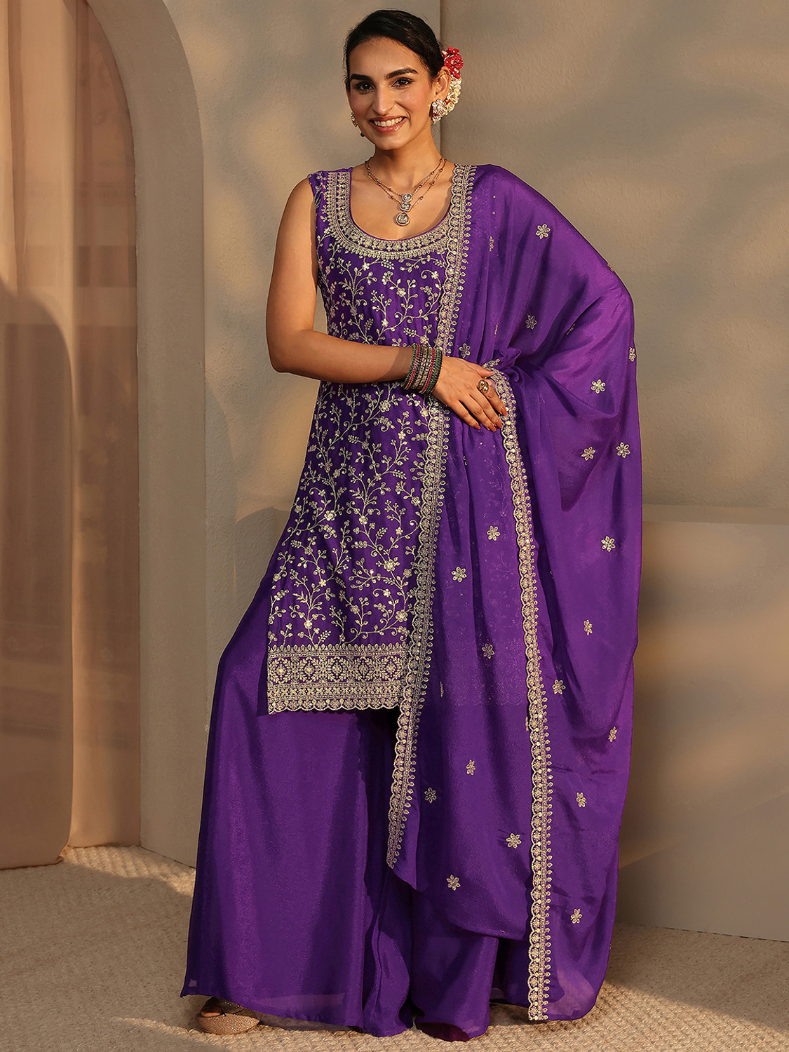 LIBAS Silk Blend Kurta Sharara Dupatta Set - Image 1