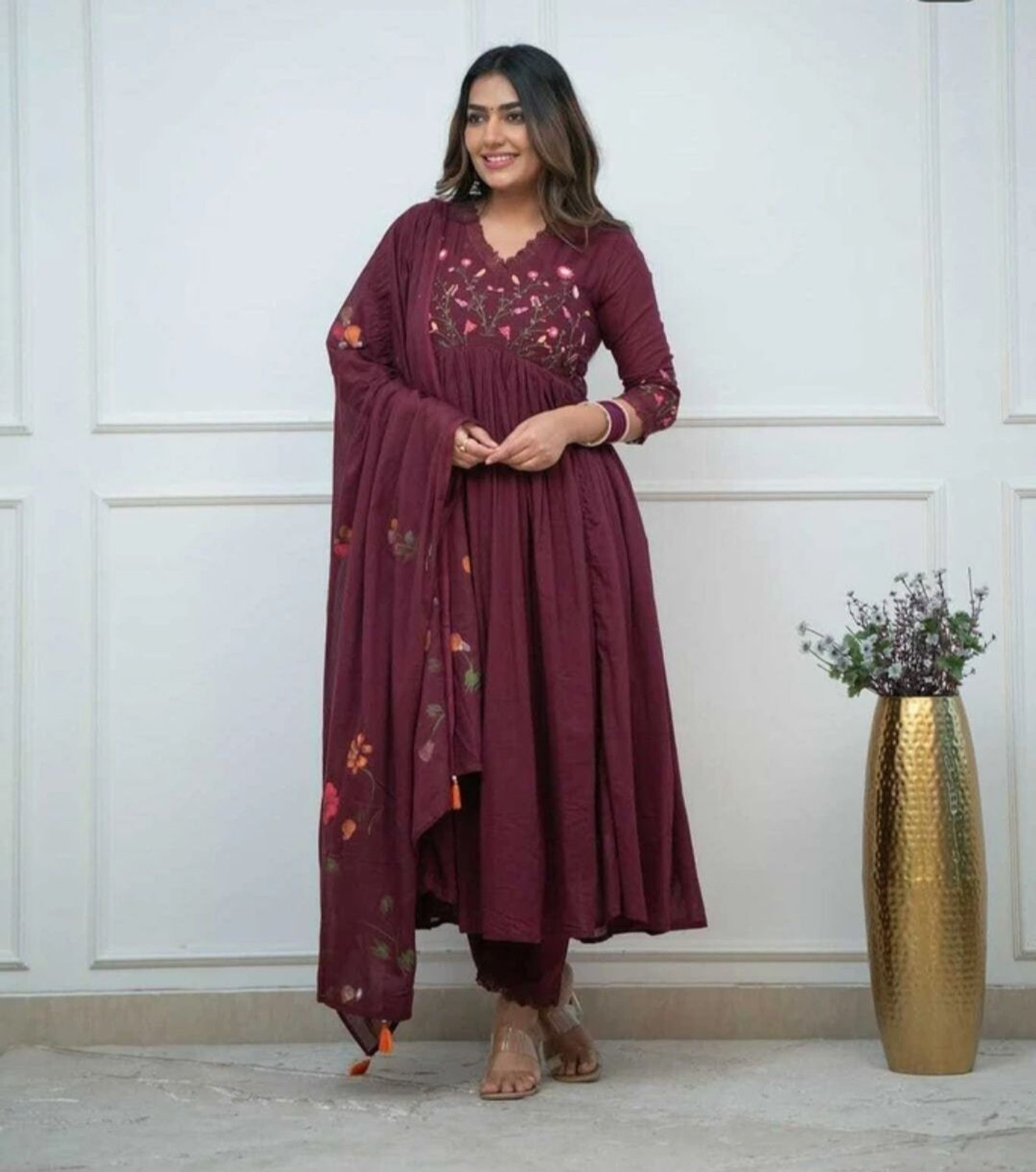 Image of CHECHI Embroidered Kurta, Palazzo & Dupatta Set