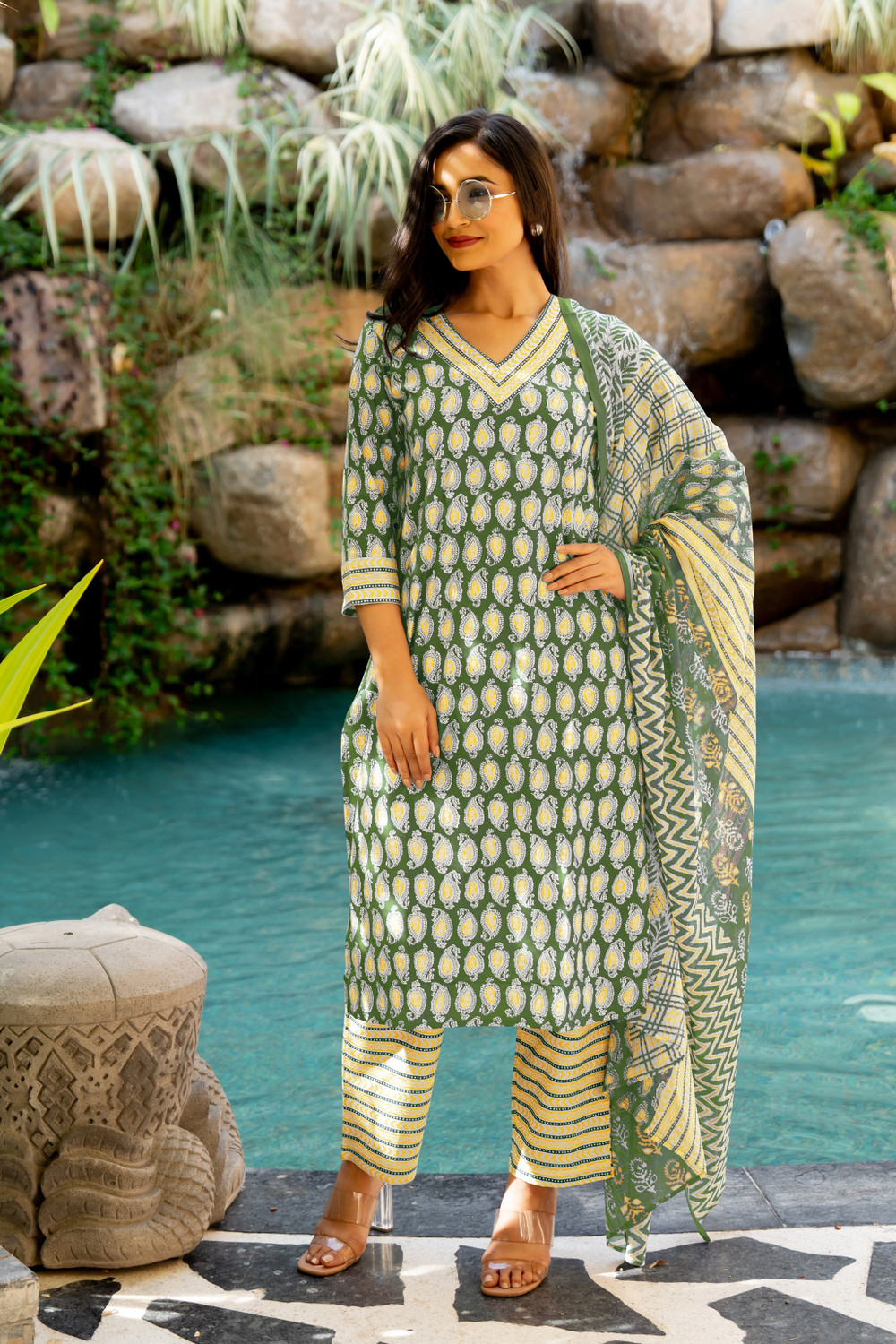 Image of MIRCHI FASHION Women Pure Cotton Kurta Pant Dupatta Set