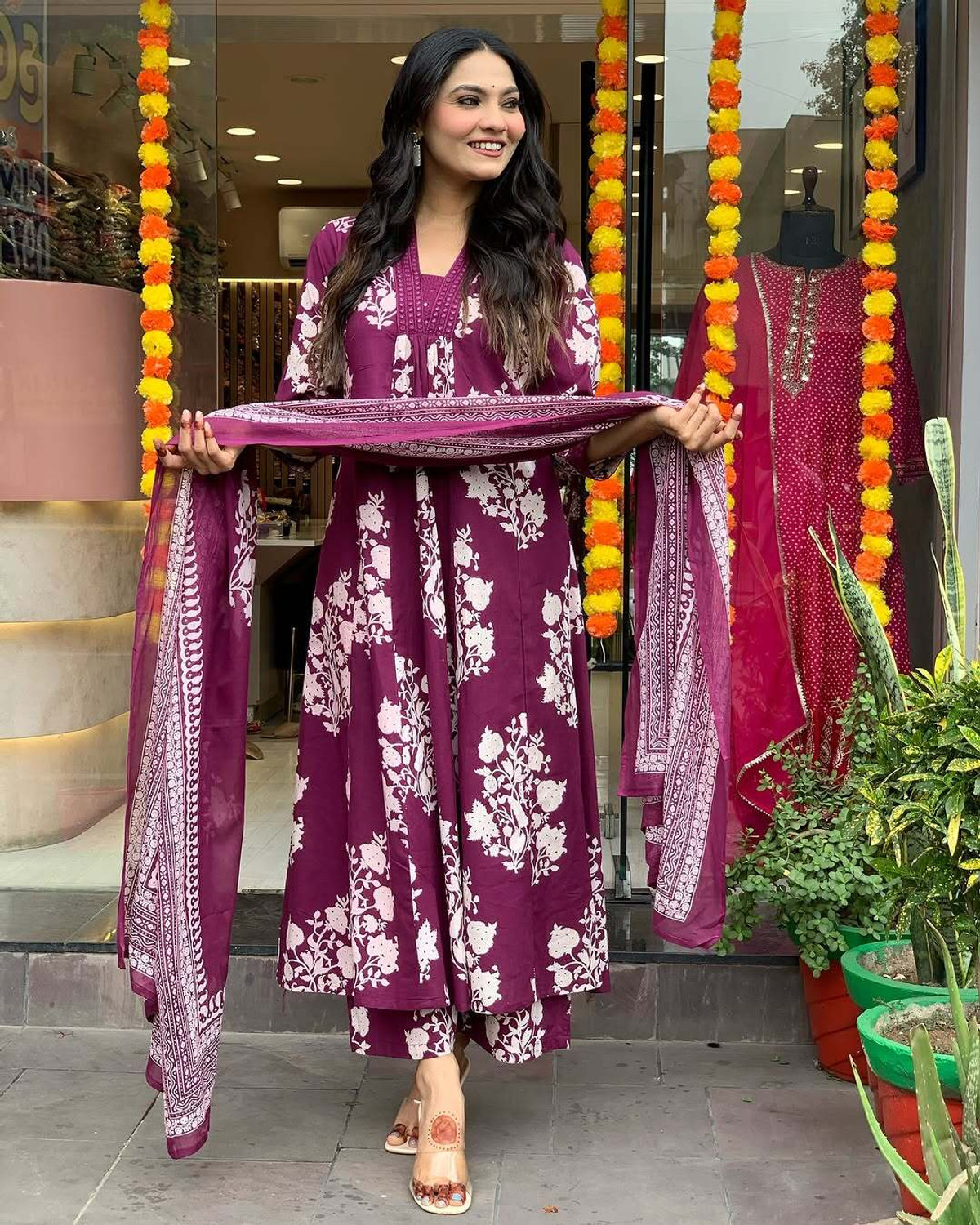 Image of Sonali Fab Printed Anarkali Kurta, Bottom & Dupatta Set